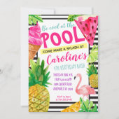 10代のなプールを囲んでのパーティ、フラミンゴ、パイナップル招待状 招待状 (正面)