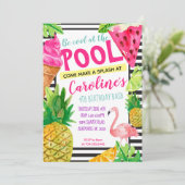 10代のなプールを囲んでのパーティ、フラミンゴ、パイナップル招待状 招待状 (スタンド正面)