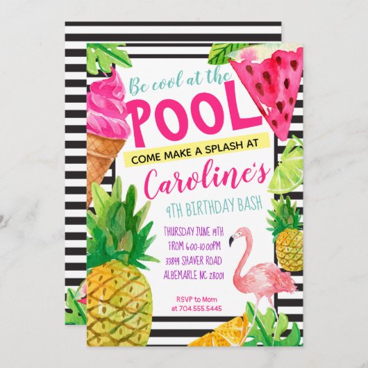 10代のなプールを囲んでのパーティ、フラミンゴ、パイナップル招待状 招待状 (正面/裏面)