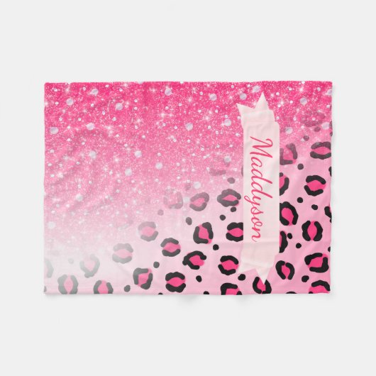 10代のな女の子のパーソナライズなきらめくヒョウのプリント フリースブランケット (正面(横))