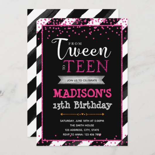 10代のな誕生日のパーティの招待状へのプレティーン 招待状 (正面/裏面)