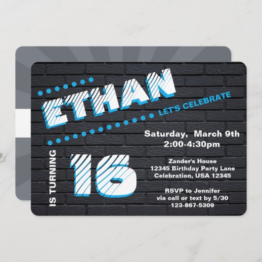 /10代のトゥイーングラフィティブリック壁誕生日少年パーティー 招待状 (正面/裏面)