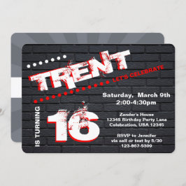 /10代のトゥイーングラフィティブリック壁誕生日少年パーティー 招待状