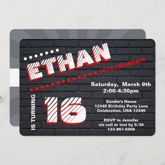 /10代のトゥイーングラフィティブリック壁誕生日少年パーティー 招待状 (正面/裏面)