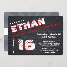 /10代のトゥイーングラフィティブリック壁誕生日少年パーティー 招待状