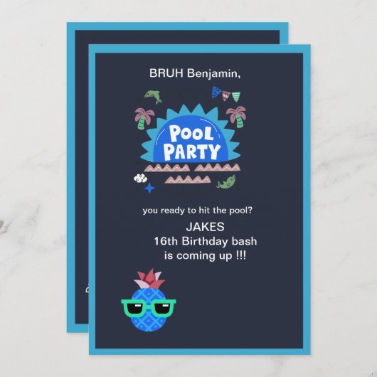 10代のブルーアップしたプールのパーティー誕生日 招待状 (正面/裏面)