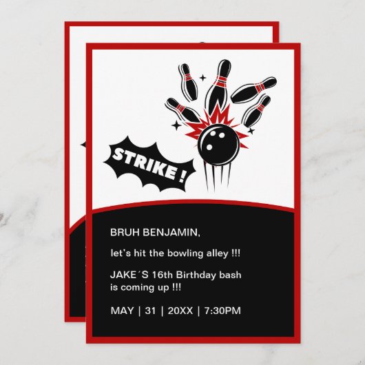 10代のブーはボーリング路地おもしろい誕生日の夜をヒット 招待状 (正面/裏面)