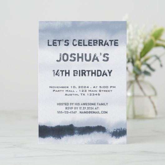 10代のボーイブルーウォーター色ミニマル誕生日 招待状 (スタンド正面)