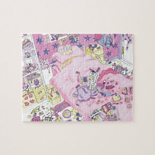 10代の若者おもしろいガールズメッシーベッドルームキュートピンクアート ジグソーパズル (横)