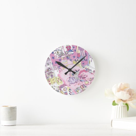 10代の若者おもしろいガールズメッシーベッドルームキュートピンクアート ラウンド壁時計 (ホーム)