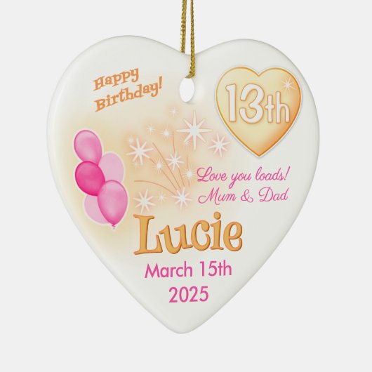 10代の若者ハート13番目の誕生日ガールドーターピンク セラミックオーナメント (右)