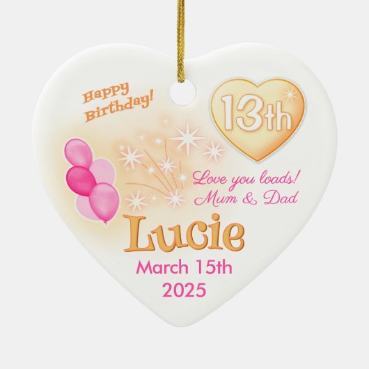 10代の若者ハート13番目の誕生日ガールドーターピンク セラミックオーナメント (裏面)