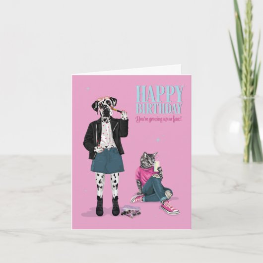 10代の誕生日で犬と猫をドレスアップ  カード (正面)