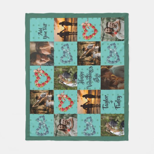 10個の写真をパーソナライズハッピーバレンタインデーティール（緑がかった色） フリースブランケット (正面)