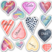 10個の編集可能な名前の付いた水色ハート シール (正面)