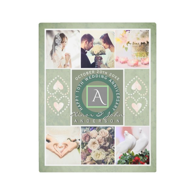 「10周年おめでとう」6枚の写真のティンカラー メタルプリント (正面)