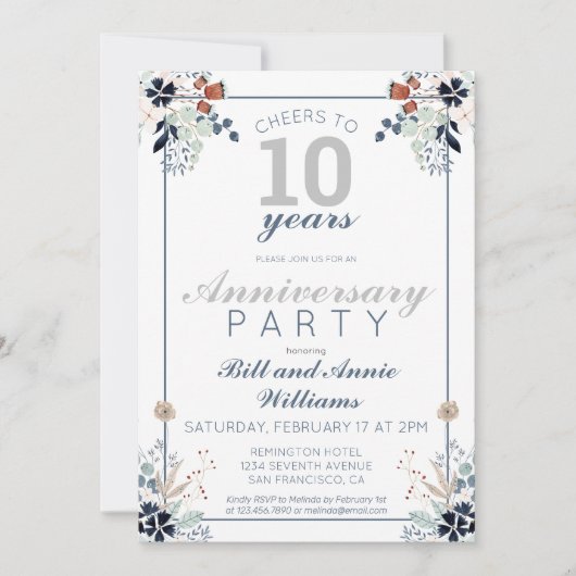 10周年結婚記念日おめでとう 10年間の喜びを祝おう 招待状 (正面)