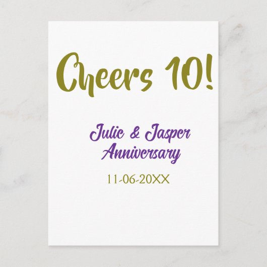 10周年結婚記念日のお祝いにパープルゴールドのNA ポストカード (正面)
