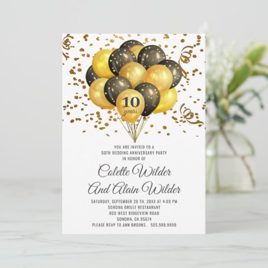10周年結婚記念日のゴールドとブラックのホワイト背景 招待状 (スタンド正面)