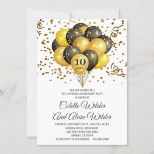 10周年結婚記念日のゴールドとブラックのホワイト背景 招待状