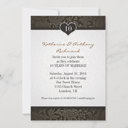 10周年結婚記念日のダマスク招待状 招待状 (裏面)