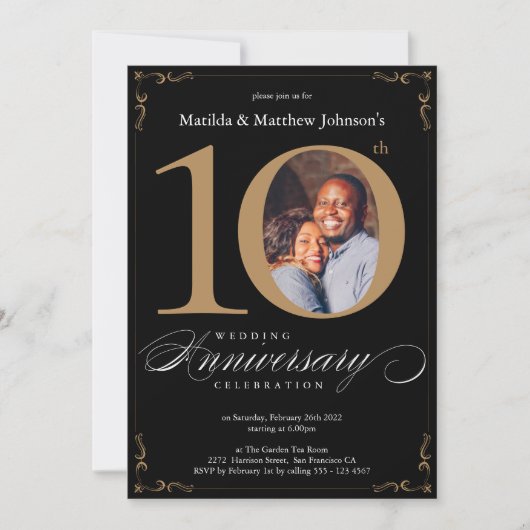 10周年結婚記念日のブラックゴールドカリグラフィー 招待状 (正面)