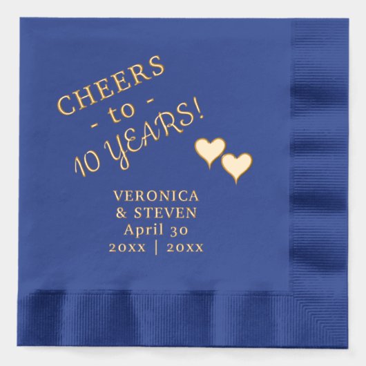 10周年結婚記念日の乾杯 2つのハート 箔ナプキン (正面)