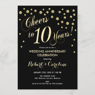 10周年結婚記念日の招待状 - ブラック&ゴールド 招待状