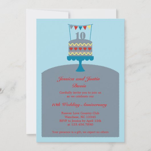 10周年結婚記念日ケーキ招待状 招待状 (正面)