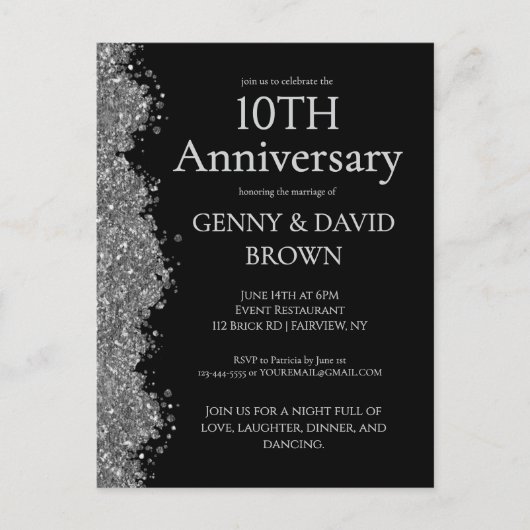 10周年結婚記念日シルバー疑似グリッター ポストカード (正面)