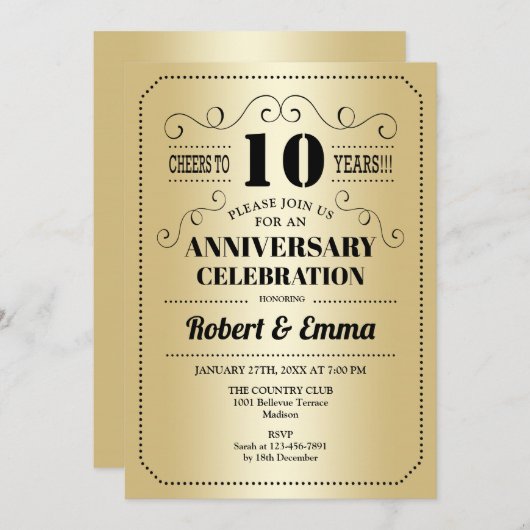 10周年結婚記念日パーティー - ゴールド ブラック 招待状 (正面/裏面)