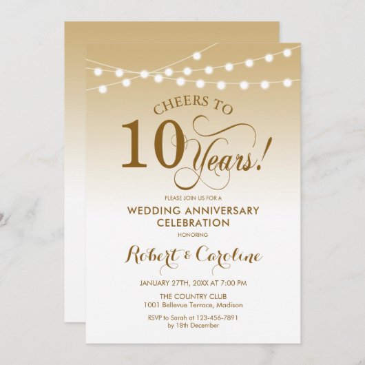 10周年結婚記念日 - ゴールド ホワイト 招待状 (正面/裏面)