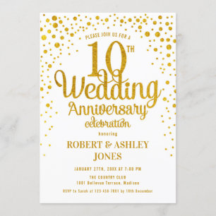 10周年結婚記念日 - ゴールド & ホワイト 招待状