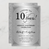 10周年結婚記念日 - シルバー ブラック ダマスク 招待状 (正面/裏面)