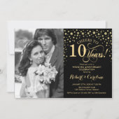 10周年結婚記念日 フォト付き - ゴールド ブラック 招待状 (正面)
