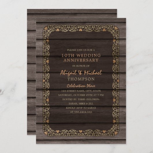 10周年結婚記念日 ラスティック ウッド カントリー パーティー 招待状 (正面/裏面)