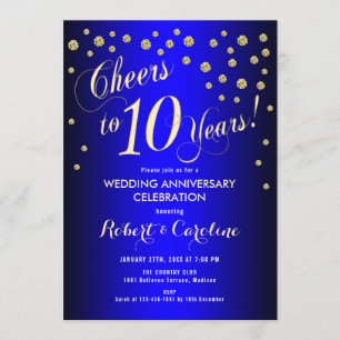 10周年結婚記念日 - ロイヤルブルー & ゴールド 招待状