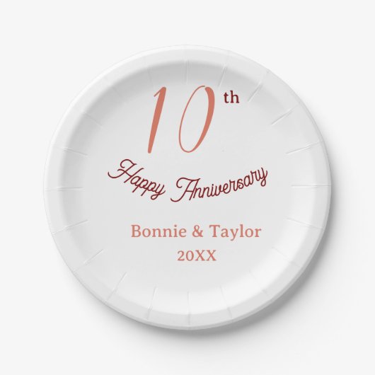 10周年結婚記念 ピーチパステル 名前入り レトロb ペーパープレート (正面)