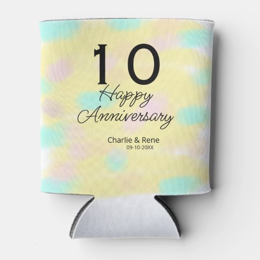 10周年記念の結婚記念日 イエロー パステル 名前 レトロ ボ 缶クーラー (正面)