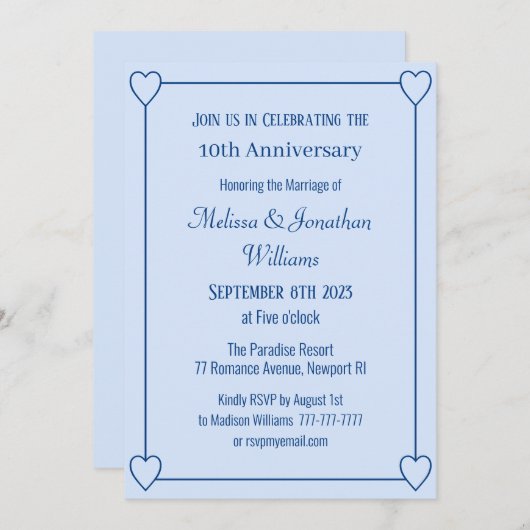 10周年記念エレガントロマンチックハートブルー 招待状 (正面/裏面)