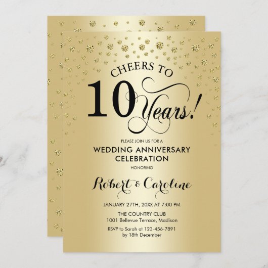 10周年記念祝賀 - ゴールド ブラック 招待状 (正面/裏面)