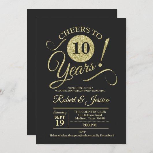 10周年記念結婚の金ゴールドシャルボードパターン 招待状 (正面/裏面)