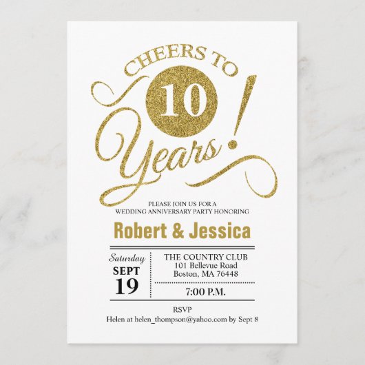 10周年記念結婚パーティー-金ゴールドホワイト 招待状 (正面)