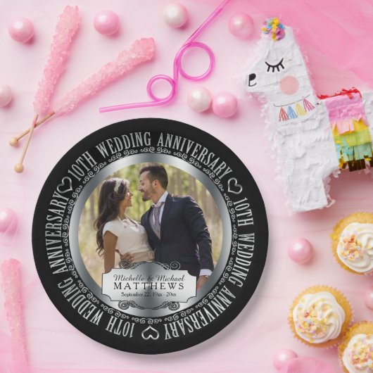 10周年記念結婚写真黒シルバートーン ペーパープレート (パーティー)