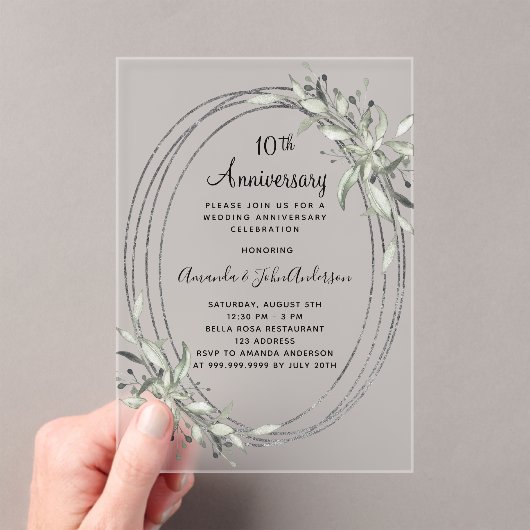 10周年記念結婚銀の緑が曇った アクリル招待状 (インサイチュ (ポータブル))