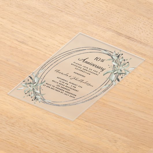 10周年記念結婚銀の緑が曇った アクリル招待状 (レイダウン)