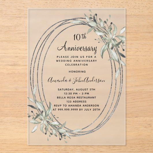 10周年記念結婚銀の緑が曇った アクリル招待状 (正面)