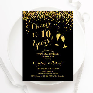 10周年記念 - 10年のお祝いに乾杯 ゴールド ブラック 招待状