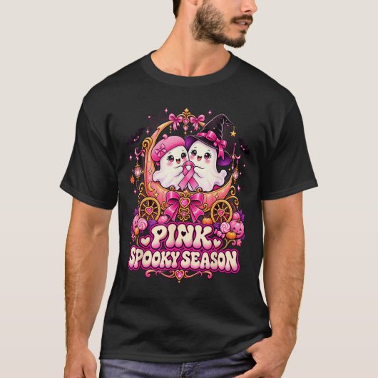 10月にピンクの幽霊魔女を着て乳がん Tシャツ (正面)