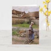 10月に女性を庭に カード (黄色い花)